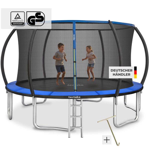 TecTake Gartentrampolin Set mit Sicherheitsnetz, Leiter und Federspanner. TÜV Rheinland zertifiziert, Geprüfte Sicherheit Siegel. TecTake Logo.