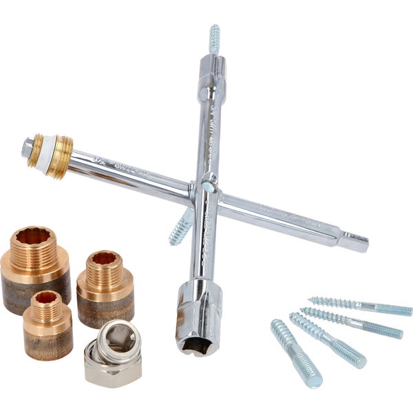 Kreuzschlüssel mit Montageschrauben und Anschlussverschraubungen