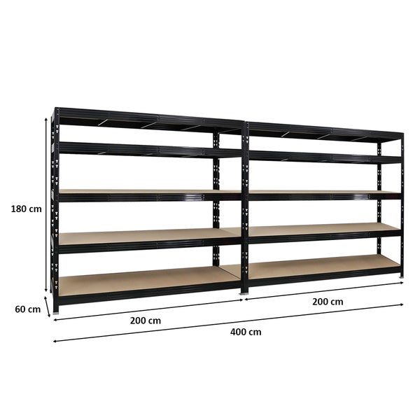 PROREGAL Mega Deal 2x Profi Schwerlastregal Rhino HxBxT 180 x 200 x 60 cm 5 Spanplatten-Ebenen 8mm Fachlast 500 kg Schwarz