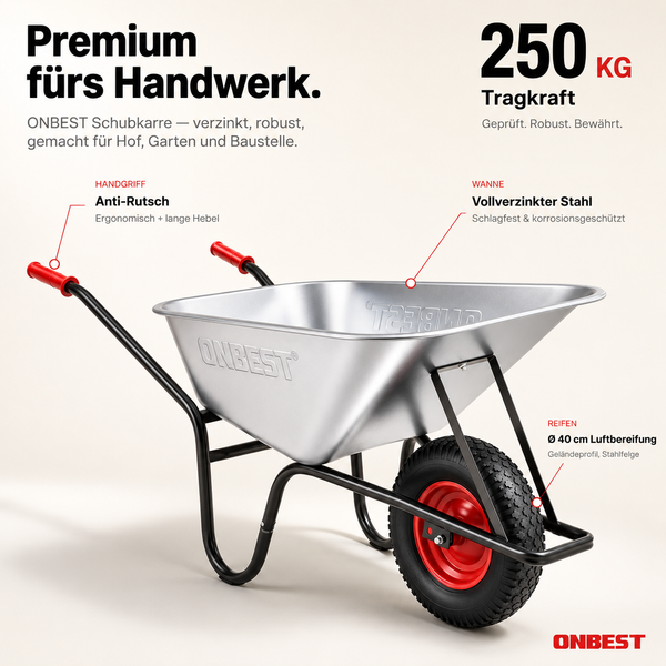 Verzinkte ONBEST Schubkarre, 250 Kilogramm Tragkraft, vollverzinkte Stahlwanne, Anti-Rutsch-Griffe, 40 Zentimeter Luftbereifung und ONBEST Logo.