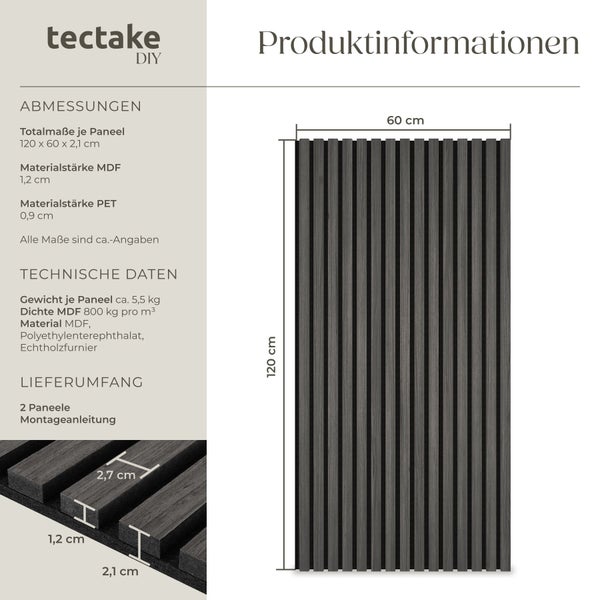 Produktinformationen zu tectake Akustikpaneelen, Maße 120 mal 60 mal 2,1 Zentimeter, Material Holzfaserplatte und Kunststoff, tectake Logo.