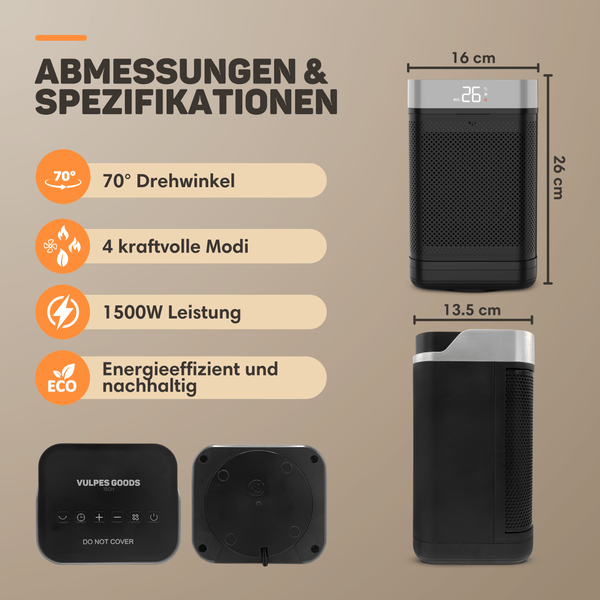 Vulpes Goods Elektrischer Heizlüfter - Keramik Heizlüfter - 1500W - Thermostat