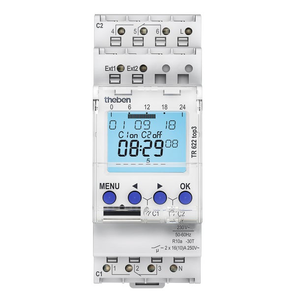 Theben 6220130 TR 622 top3 - digitale 2-Kanal Zeitschaltuhr mit 2 externen Eingängen und App-Programmierung, perfekt für LEDs, Zeitschalter