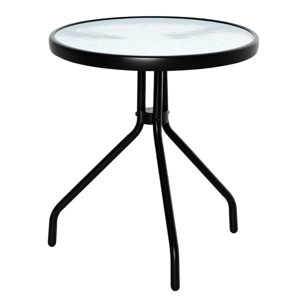 Runder Bistrotisch mit schwarzem Metallgestell und Tischplatte aus strukturiertem Glas.
