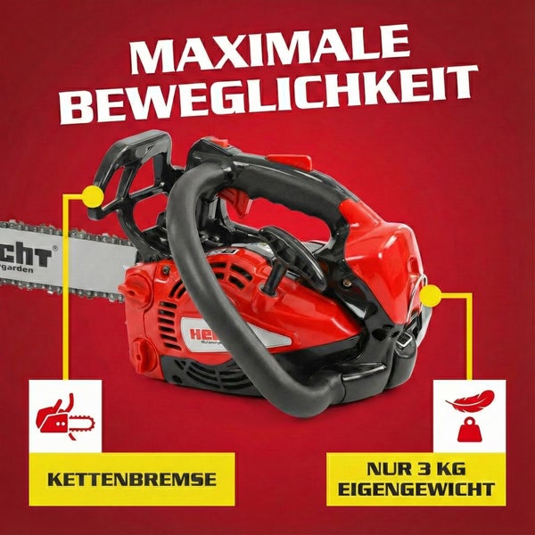 Kompakte rote Kettensäge mit dem Hinweis maximale Beweglichkeit, Kettenbremse und geringes Eigengewicht von nur 3 Kilogramm.