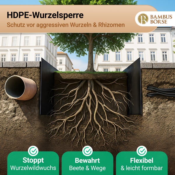 Illustration einer HDPE-Wurzelsperre zum Schutz vor Wurzelwachstum
