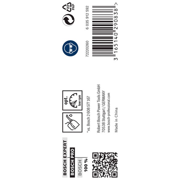 Informationen zu Bosch Elektrowerkzeugen, inklusive Herstellerinformationen, Barcode, Recyclinghinweis und Schutzbrillensymbol