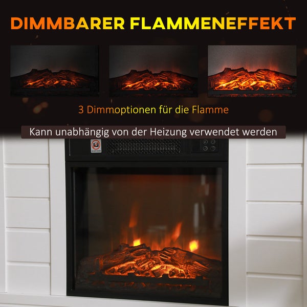 Elektrischer Kamin mit dimmbarem Flammeneffekt in drei Stufen, unabhängig von der Heizung nutzbar, eingebaut in weißer Wandverkleidung.