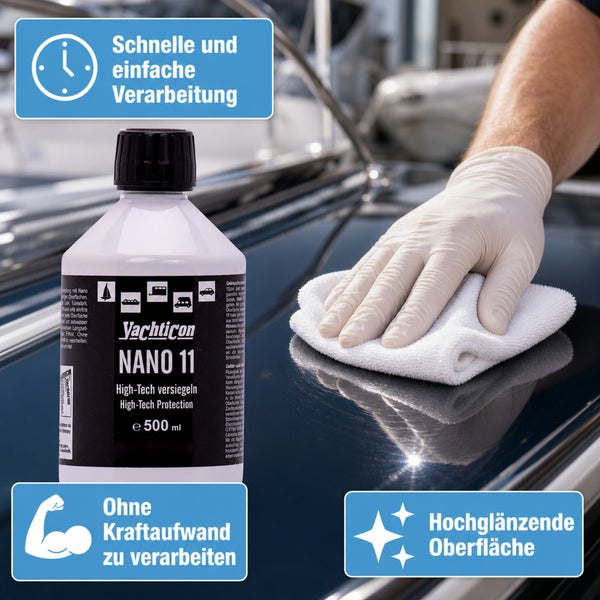 Yachticon Nano 11 High Tech Versiegelung 500 Milliliter Flasche zur schnellen Oberflächenpflege mit Tuch und Handschuh aufgetragen.