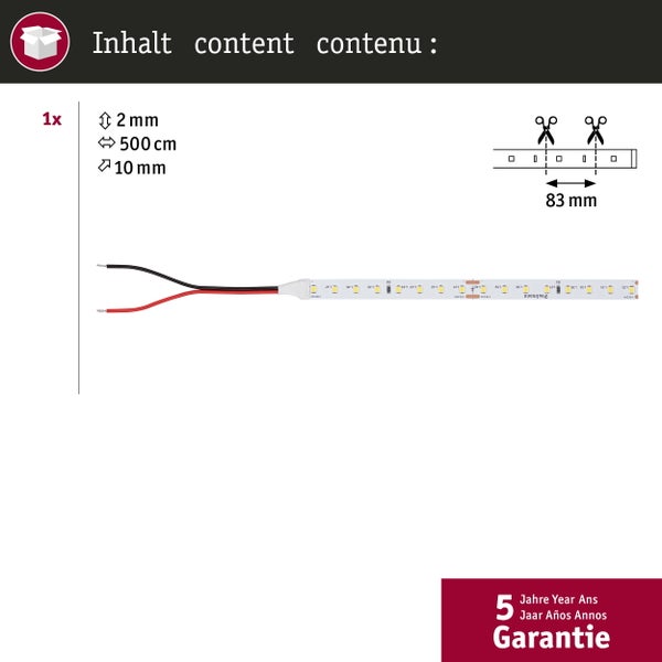 LED-Streifen, Länge 500 Zentimeter, Breite 10 Millimeter, Höhe 2 Millimeter, alle 83 Millimeter kürzbar, 5 Jahre Garantie.