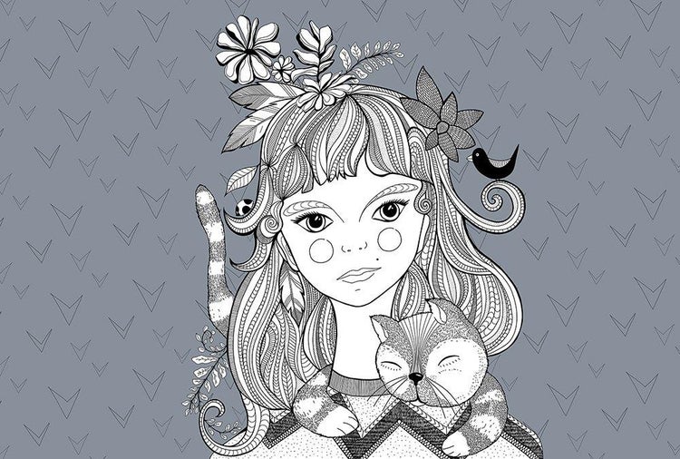 Fototapete Illustration eines Mädchens mit Blumen im Haar und einer Katze auf dem Arm.