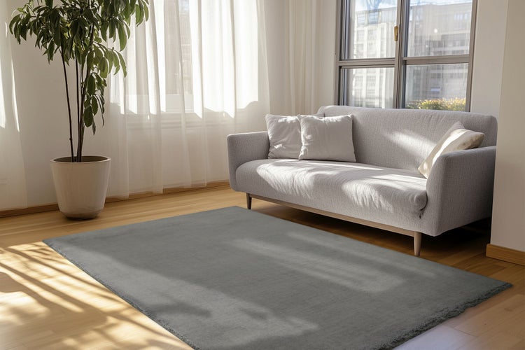 Draufsicht auf ein modern eingerichtetes Wohnzimmer mit grauem Teppich, hellem Ecksofa, kleinem Holztisch und einer Zimmerpflanze.