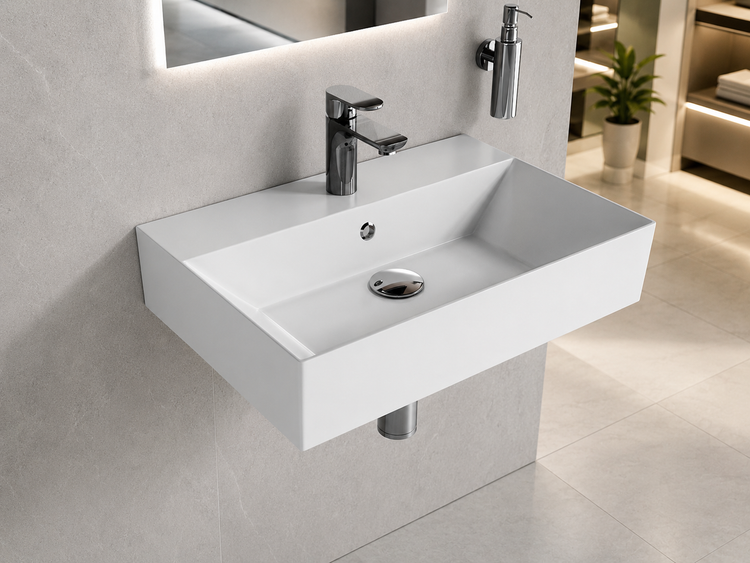 Rechteckiges Wandwaschbecken aus weißer Keramik mit verchromter Armatur und Seifenspender in einem modern gestalteten Badezimmer.