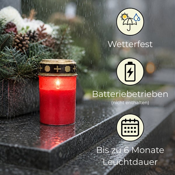 Wetterfestes, batteriebetriebenes LED-Grablicht in Rot mit bis zu sechs Monaten Leuchtdauer auf einem Grabstein im Regen.