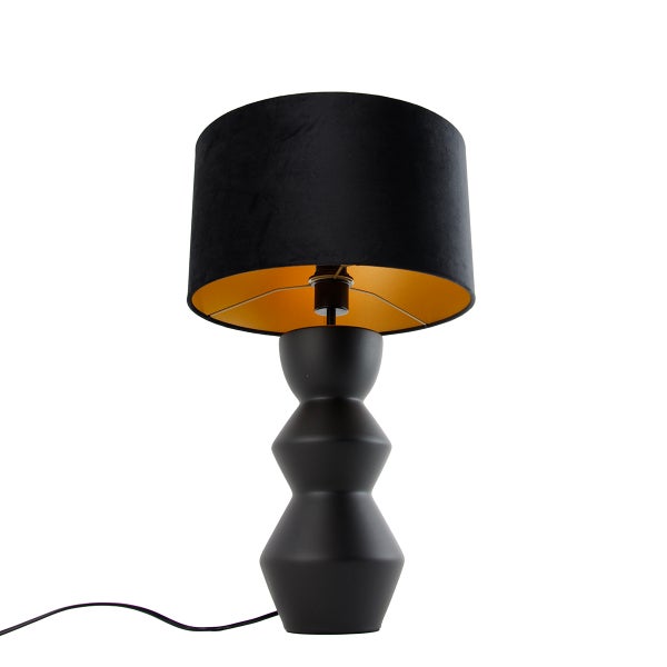 Schwarze Tischleuchte mit Stoffschirm und dekorativem Fuß