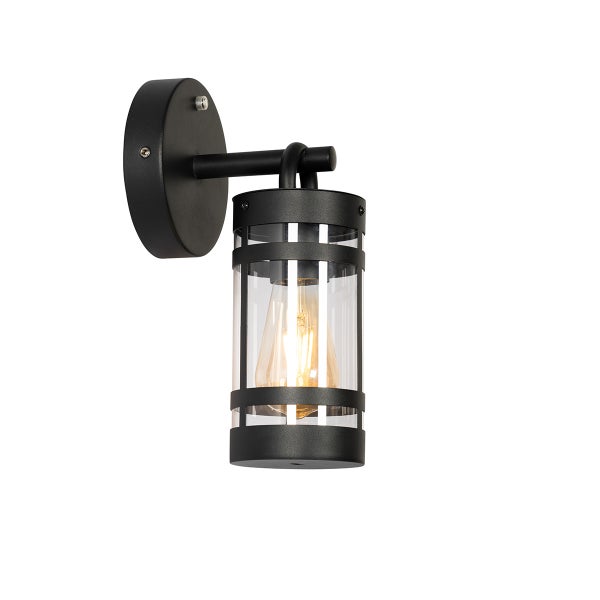 Außenwandleuchte aus schwarzem Metall mit einem Zylinder aus klarem Glas und sichtbarem Leuchtmittel.