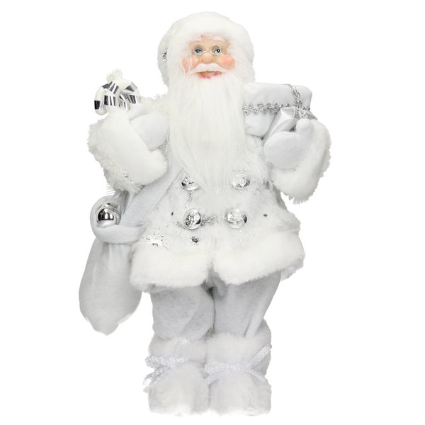 ECD Germany Weihnachtsmann Deko-Figur, 37 cm hoch, Weiß, mit Geschenkesack und Geschenke, detailreich, Santa-Claus Figur Winterdeko Weihnachten Stehende Figur Winter Dekoration Nikolaus Weihnachtsdeko