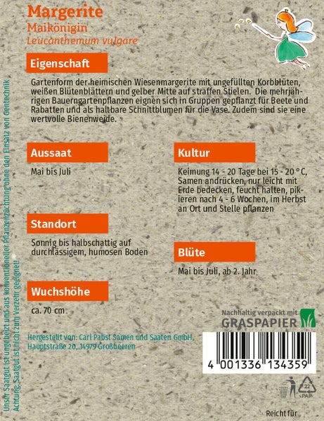 Rückseite einer Samentüte für Margerite Maikönigin aus Graspapier mit Informationen zu Aussaat, Standort, Wuchshöhe und Blütezeit.