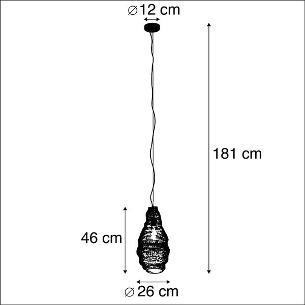 Technische Zeichnung einer Pendelleuchte mit den Maßen: Durchmesser oben 12 cm, Höhe 181 cm, Höhe des Lampenschirms 46 cm, Durchmesser des Lampenschirms 26 cm.