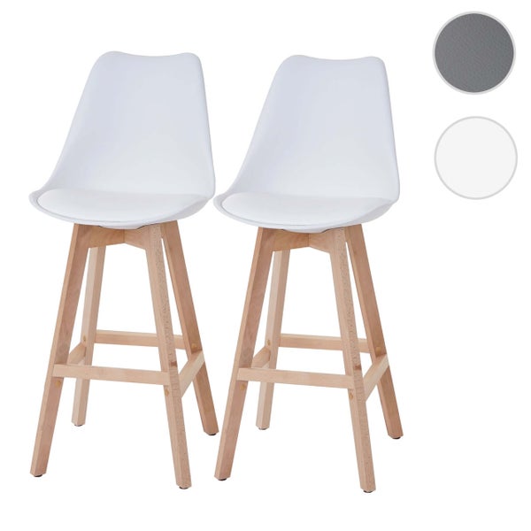 Zwei Barhocker mit Sitzfläche aus Kunststoff und Holzgestell