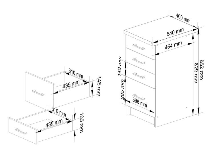 Technische Zeichnung eines Schubladenschranks mit Maßen
