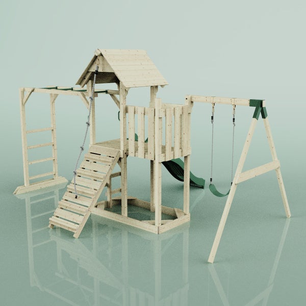 Spielturm aus Holz mit Rutsche, Schaukel und Klettergerüst