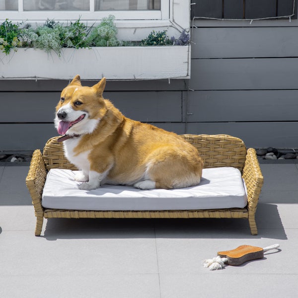 PawHut Rattan Hundesofa, 84B x 53T x 25H cm, Stahl, Oxford, PE-Rattan, Schaumstoff, Gelb+Grau