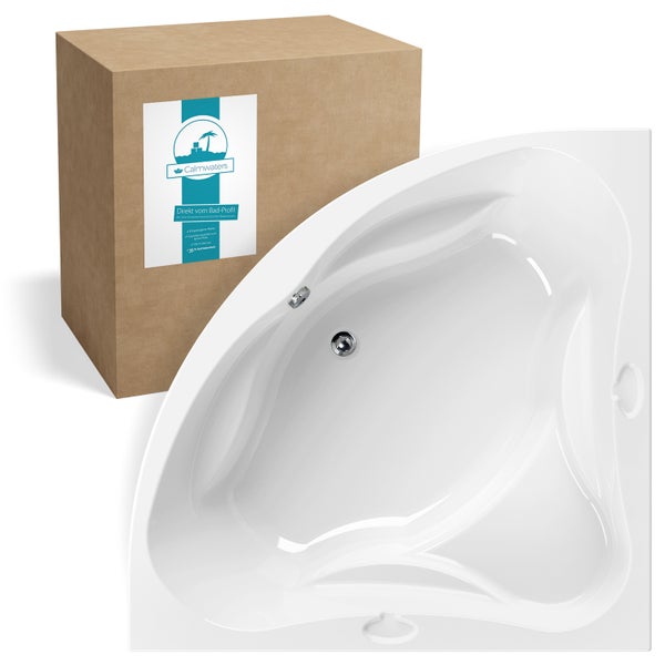 Weiße Eckbadewanne mit ergonomischen Formen und Armlehnen neben einem braunen Versandkarton von Calmwaters.