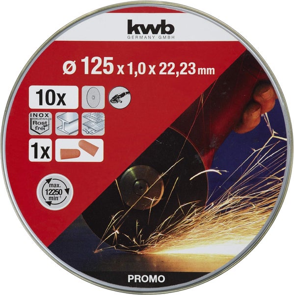 kwb Trennscheiben Dünn Winkelschleifer 125 mm Trenn-Scheibe f. Edel-Stahl INOX in Aufbewahrungs-Dose inkl. Ohrstöpsel ABM. 125 x 1 x 22,23, Ø