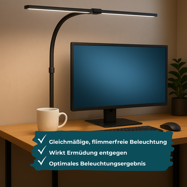 Schwarze LED-Schreibtischlampe über Monitor. Gleichmäßige flimmerfreie Beleuchtung gegen Ermüdung für optimales Ergebnis am Arbeitsplatz.