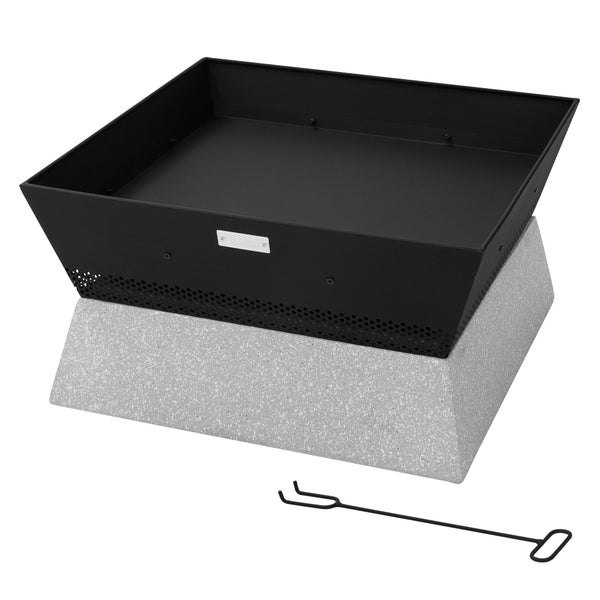 ML-Design Feuerschale mit Keramiksockel, 54x28,5x54 cm, Schwarz-Beige, Quadratischer Feuerstelle aus Stahl, abnehmbare Schale, Feuerkorb mit Schürhaken, Feuertonne Outdoor für Garten Camping Terrasse