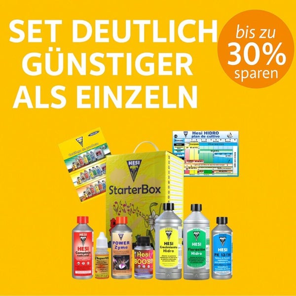 Hesi StarterBox Hidro Pflanzendünger-Set mit Zuchtplan, Produktkatalog und Düngemitteln, bis zu 30 Prozent günstiger als Einzelkauf.