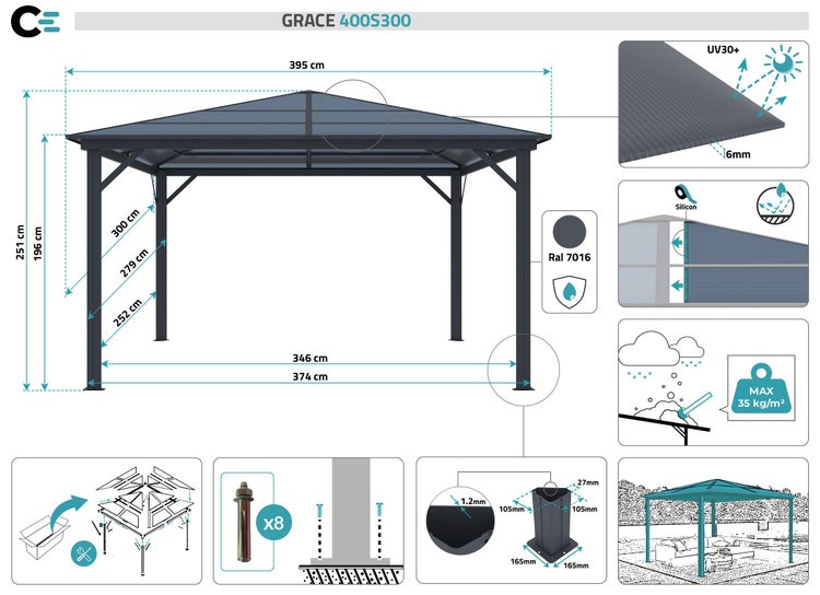 Aluminium Pavillon GRACE 400S300 Anthrazitgrau