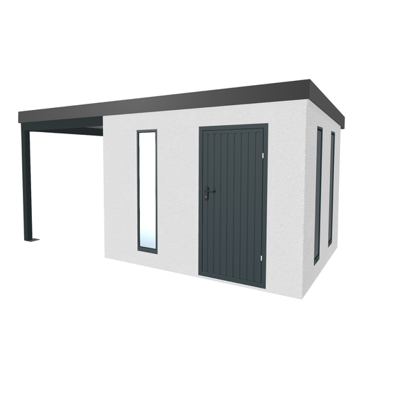 Modernes Gartenhaus mit Überdachung, Tür und Fenstern