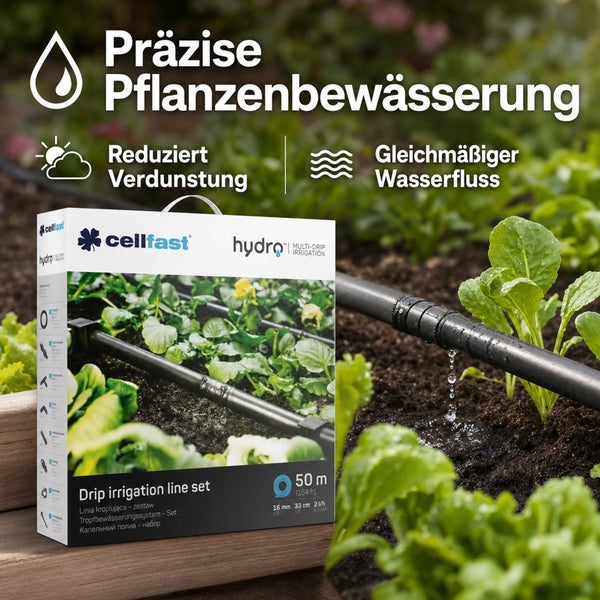 Cellfast Tropfbewässerung Set zur präzisen Gartenbewässerung mit 50 Meter Schlauchlänge für gleichmäßige Wasserabgabe.