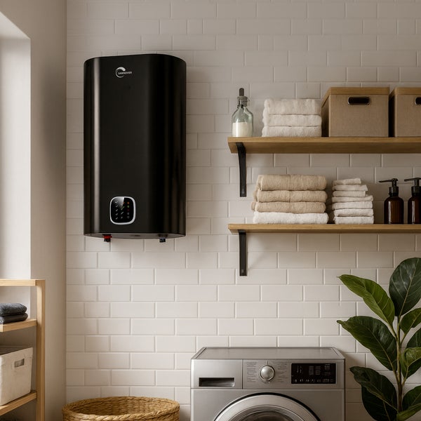 Ein schwarzer Warmwasserspeicher an einer weiß gefliesten Wand in einem organisierten Hauswirtschaftsraum mit Waschmaschine und Regalen.