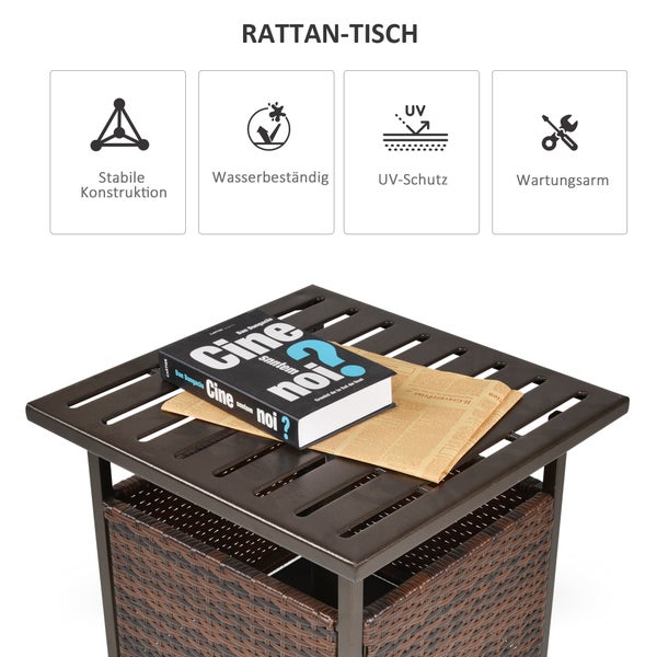 Outsunny Rattantisch Gartentisch Terrassentisch Kaffeetisch mit Schirmloch Perfekt für Garten Balkon Terrasse 55,5 x 55,5 x 46 cm Braun