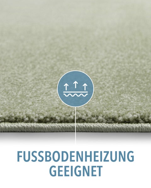 Nahaufnahme eines Teppichs mit Symbol für die Eignung bei Fußbodenheizung