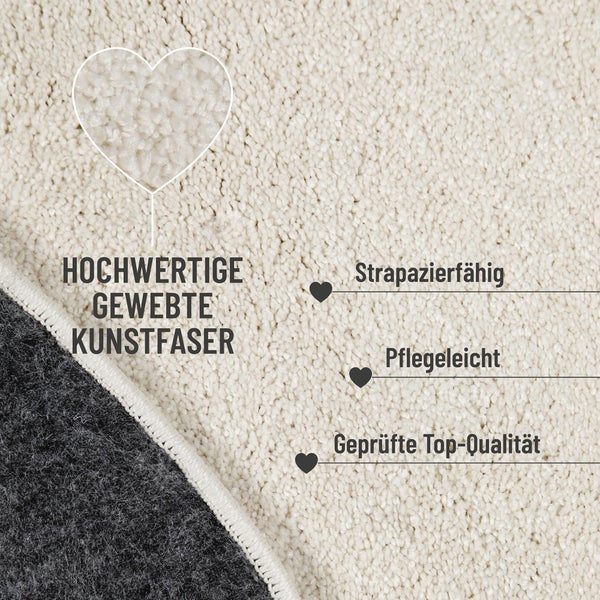 Gewebter Teppich aus hochwertiger Kunstfaser, strapazierfähig, pflegeleicht und in geprüfter Qualität.