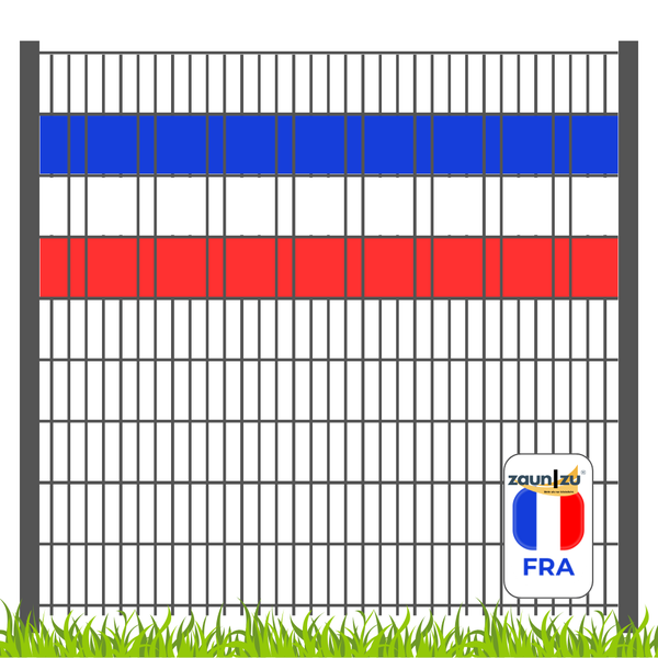 Zaun mit Sichtschutzstreifen in den Landesfarben Frankreichs und ZaunZu Logo