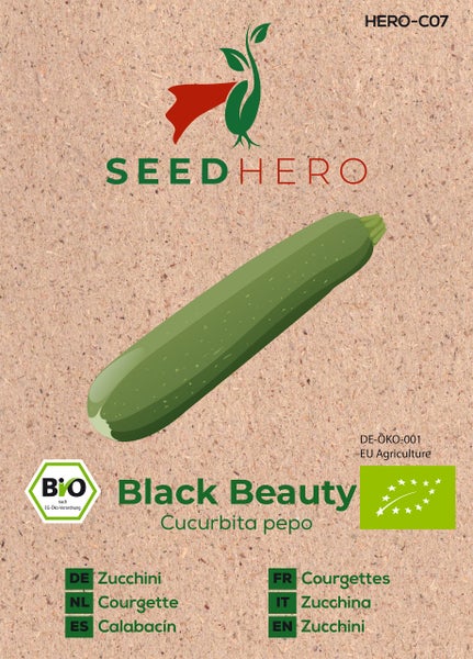 Samentüte für Zucchini Black Beauty von Seedhero. Bio-Saatgut mit Bio-Zertifizierung. Seedhero Logo.