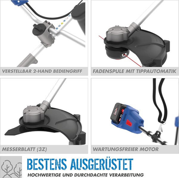 Akku-Motorsense mit verstellbarem Zweihandgriff, Fadenspule mit Tippautomatik, 3-Zahn Messerblatt und wartungsfreiem Motor.