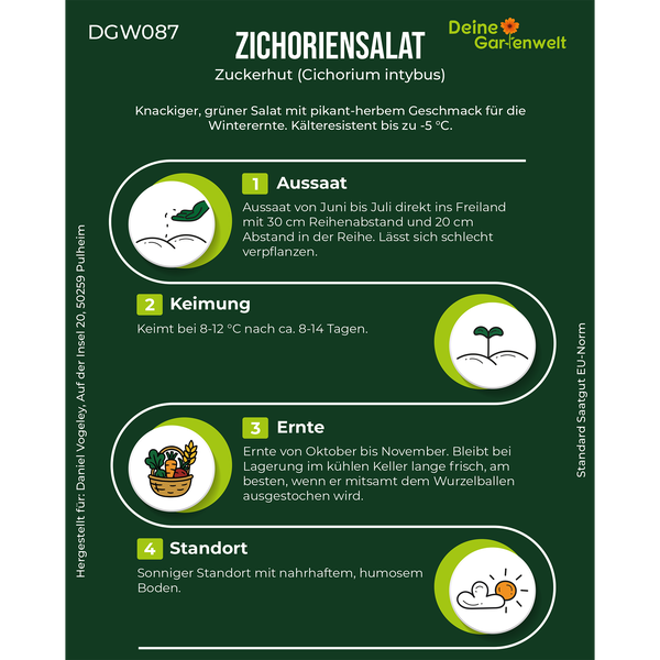 Deine Gartenwelt Logo. Infografik mit Anbauhinweisen für Zichoriensalat Zuckerhut. Details zu Aussaat, Keimung, Ernte und Standort.