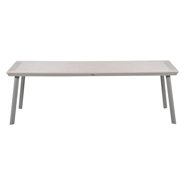 Rechteckiger Gartentisch mit Aluminiumgestell und Tischplatte in Holzoptik.
