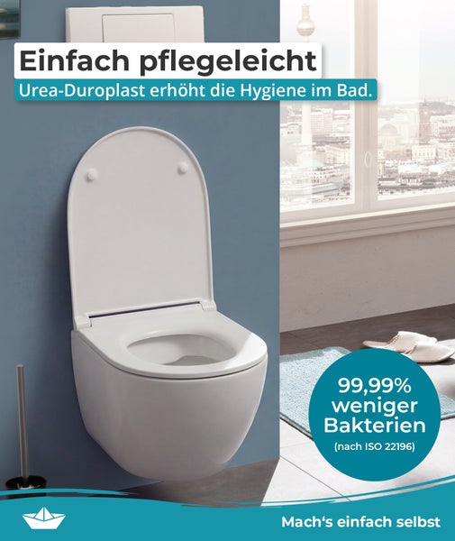 Wandhänge-WC aus Urea-Duroplast mit antibakterieller Oberfläche für verbesserte Hygiene im Badezimmer.