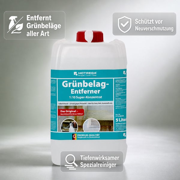 HOTREGA Grünbelag Entferner 5 Liter Kanister als Super Konzentrat zur Reinigung von Stein Holz und Kunststoffoberflächen.