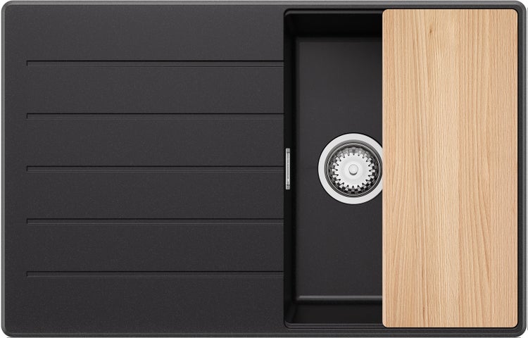 PRIMAGRAN Spülbecken Schwarz 78x50cm, Granitspüle 1 Becken + Ablauf-Set + Schneidebrett, Küchenspüle ab 45er Unterschrank - Kopenhagen