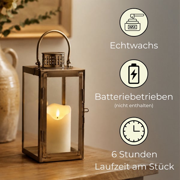 LED-Echtwachskerze in Metalllaterne, batteriebetrieben, 6 Stunden Laufzeit am Stück.