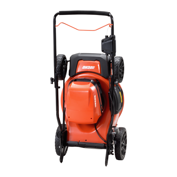 Rückansicht eines Rasenmähers mit Griff