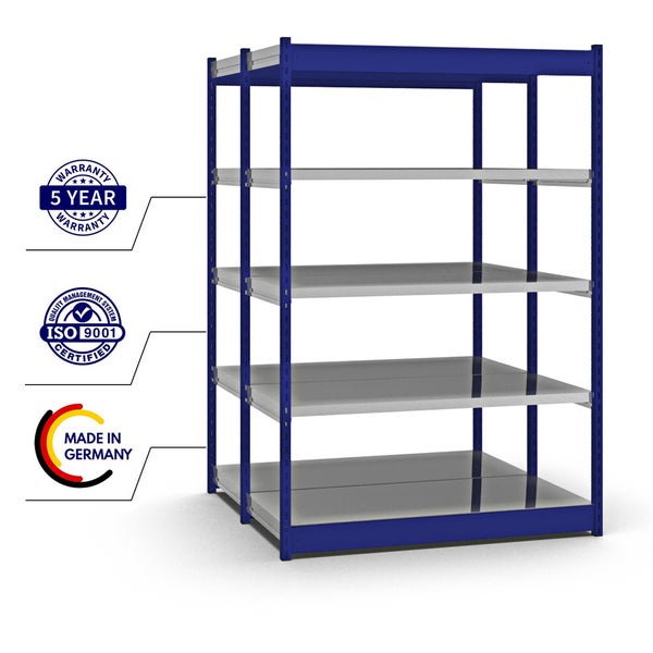 PROREGAL Fachbodenregal Stecksystem Vierkant-Profil Grundregal HxBxT 200 x 132,5 x 60 cm 2x5 Ebenen Doppelseitige Bauart Fachlast 200 kg Enzianblau
